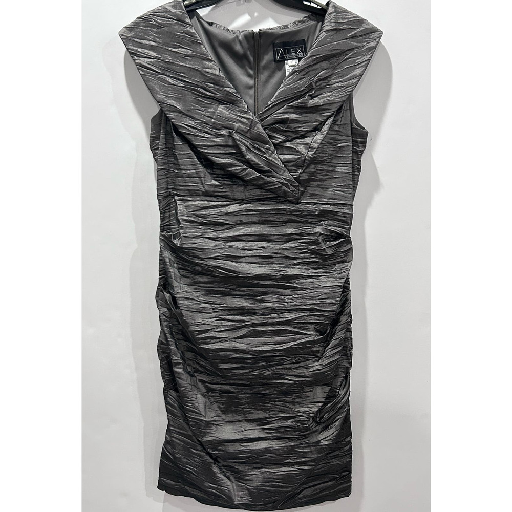 Alex Evenings Gunmetal Silver Size 12 Sheath Midi Metallic Formal Cocktail Dress